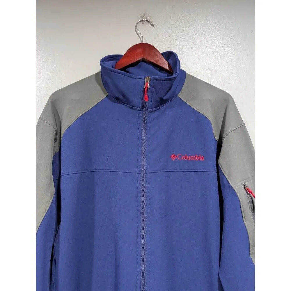 Columbia Mens Jacket Softshell Omni Shield Full Zip Gray Blue Red Outdoor Sz L